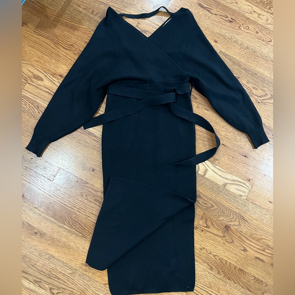 Black sweater midi dress with slit, tie waist, size medium